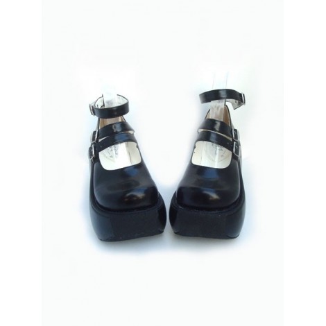 Black 3.9" Heel High Classic Synthetic Leather Round Toe Ankle Straps Platform Lady Lolita Shoes