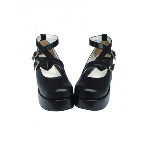 Black 2.0" Heel High Glamorous Suede Round Toe Cross Straps Platform Lady Lolita Shoes