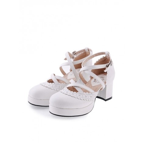 White 2.6" High Heel Elegant PU Round Toe Criss Cross Straps Scalloped Platform Girls Lolita Shoes