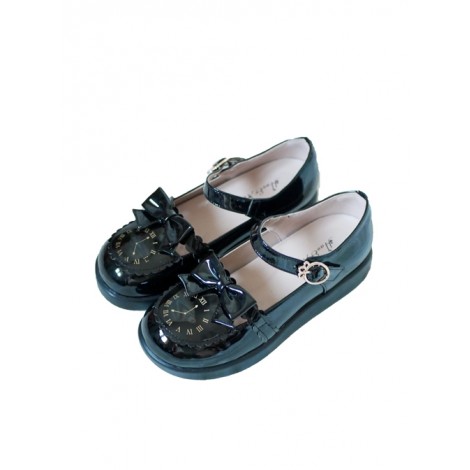 The Small Clock Series Round-toe Bowknot Sweet Lolita Patent Leather Flat Shoes