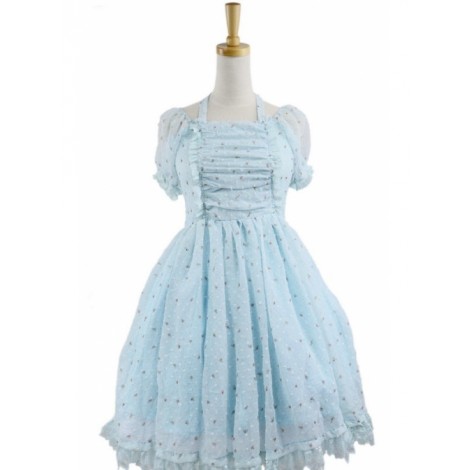Blue Jacquard Chiffon Bow Short Sleeve Sweet Lolita Dress