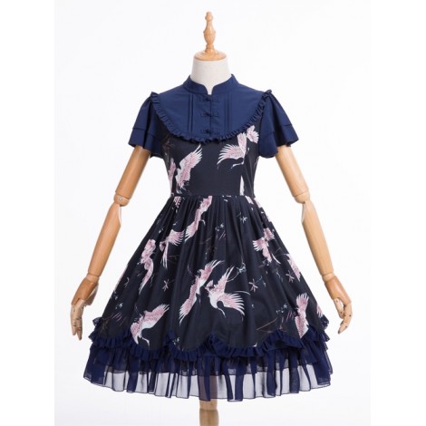 Dark Blue Retro Chinese Style Classic Lolita Short Sleeve Dress