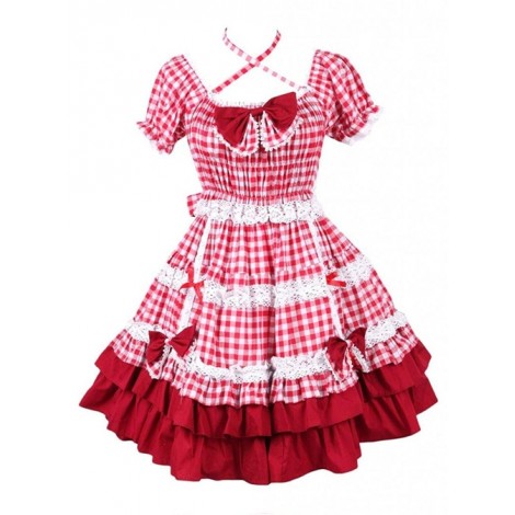 Cotton Red Plaid Ruffle Sweet Lolita Short Sleeve Dress