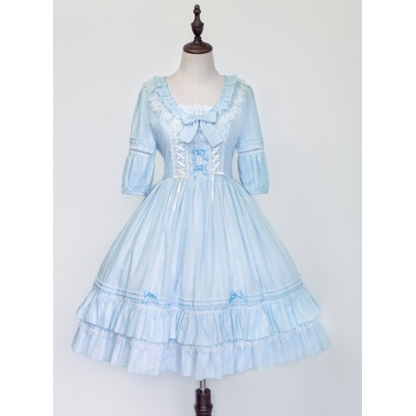 Jacquard Cotton Pure Color Classic Lolita Half Sleeves Dress