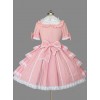 Pink Cotton Lapel Bowknot Sweet Lolita Short Sleeves Dress