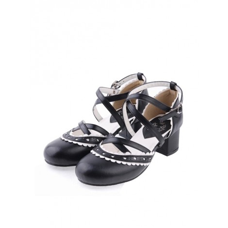 Black & White 2.6" High Heel Lovely PU Round Toe Criss Cross Straps Scalloped Platform Girls Lolita Shoes