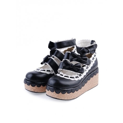 Black & White 2.8" High Heel Gorgeous Synthetic Leather Round Toe Ankle Straps Bowknot Platform Girls Lolita Shoes