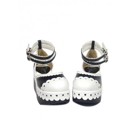 Black & White 3.1" Heel High Cute PU Round Toe Ankle Straps Platform Girls Lolita Shoes