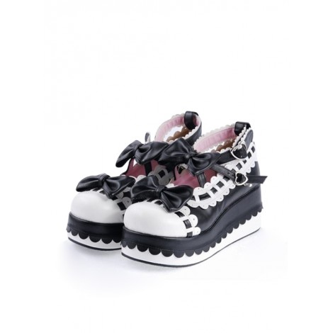 Black & White 2.8" High Heel Romantic PU Round Toe Ankle Straps Bow Decoration Platform Girls Lolita Shoes
