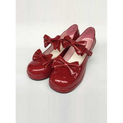 Wine Red Mirror Face Concise Bowknot Lolita High Heel Shoes