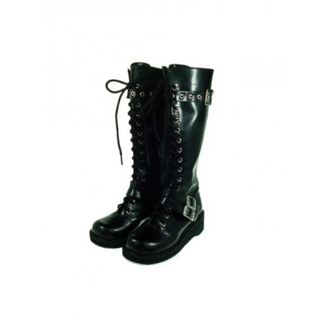 Black 1.2" Heel Black Suede Round-toe Cross Straps Gothic Lolita Platform Boots