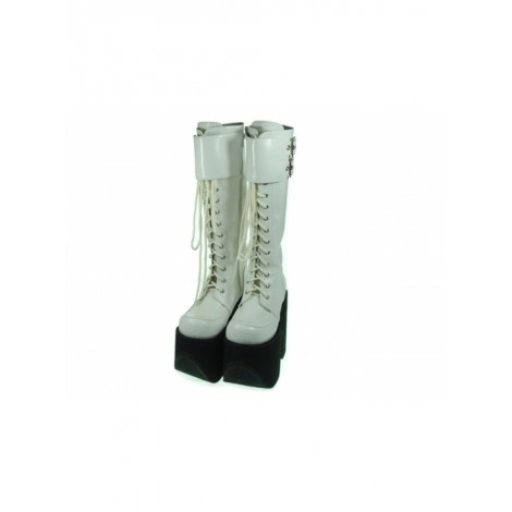 White 6.0" Heel High Charming Synthetic Leather Round Toe Cross Straps Platform Lady Lolita Boots