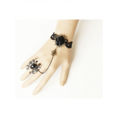 Black Lace Floral Lady Lolita Bracelet And Ring Set