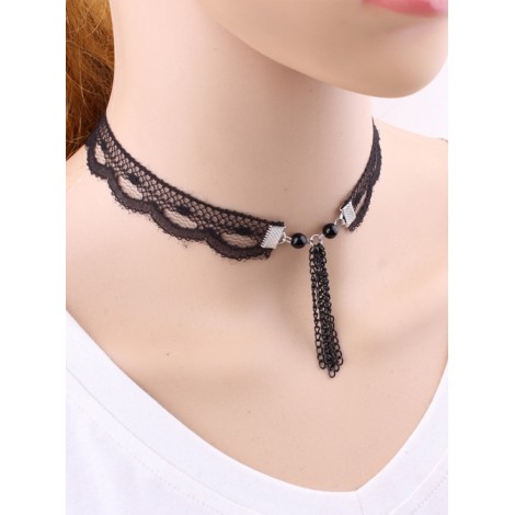 Concise Black Lace Metal Chain Tassel Girls Lolita Necklace