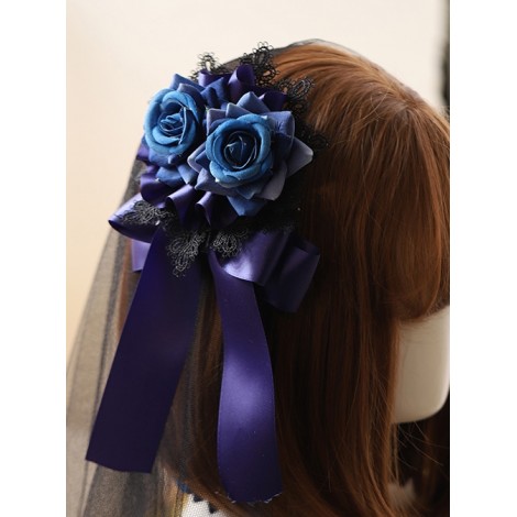 Black Lace Blue Rose Elegant Gothic Lolita Hair Clip