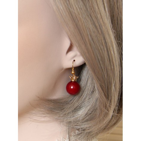 Delicate Minimalist Crown Red Pearl Earrings