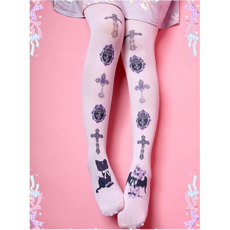 Lolita Cats And Cross Prints White Stocking
