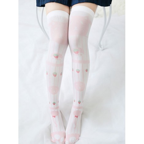 Fashion Cute Cat Strawberry Printing Sweet Lolita White Knee Socks