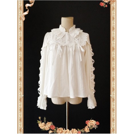 Warm Milk Tea Pure Cotton White Lace Puff Sleeve Classic Lolita Shirt