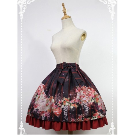 Hyakki Yako Series Black And Red Stripes Nine-tailed Fox Printed Lolita Skirt