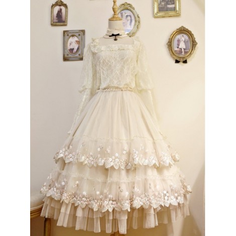 My First Love Long Version Beige Lace Embroidery Classic Lolita Skirt