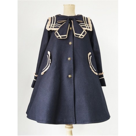 College Style Bowknot Navy Blue Navy Collar Lolita Coat