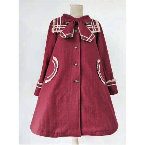 College Style Bowknot Wine Red Navy Collar Lolita Coat