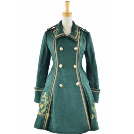 Deep Green Turndown Collar Long Sleeves Wool Flannel Lolita Coat