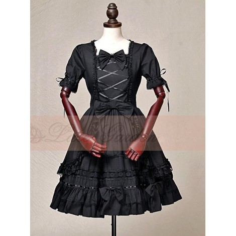 Black Short Sleeves Cotton Bow Gothic Lolita Dress