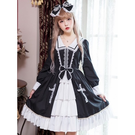 Black And White Bowknot Lace Crucifix Gothic Lolita Lapel Long Sleeve Dress