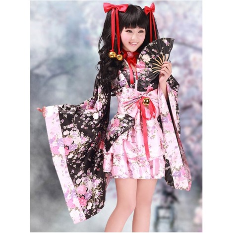 Black And Pink Long Sleeves V-Neck Kimono Cosplay Lolita Dress