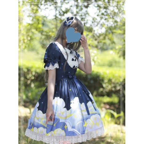Magic Tea Party Starry Sky Series Dark Blue Sweet Lolita Short Sleeve Dress