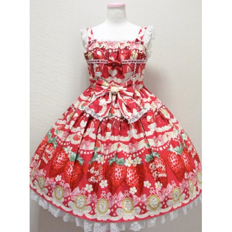 Fashion Cute Strawberry Printing Lace Bowknot Sweet Lolita Sling Dress