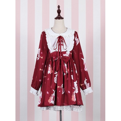 Fashion And Cheap Musical Instrument Rabbit Series Printing Sweet Lolita Long Sleeves Dress