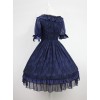 Dark Blue Short Sleeves With Flounce Hemline Lace Dress