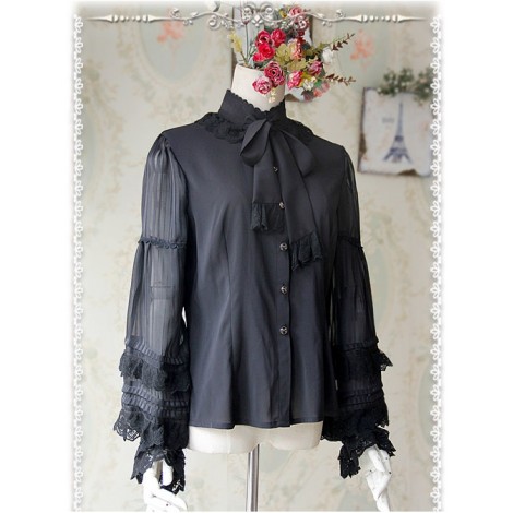 Chiffon Black Transparent Glass Striped Stand Collar Bow-tie Lolita Long Sleeve Shirt