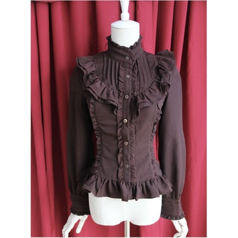 Moon's Elegy Standing Collar Accordion Pleats Brown Chiffon Long Sleeve Classic Lolita Shirt