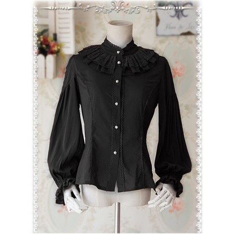 Swan Lake's Love Series Black Chiffon Long Puff Sleeve Classic Lolita Shirt