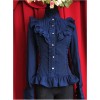 Moon's Elegy Standing Collar Accordion Pleats Dark Blue Chiffon Long Sleeve Classic Lolita Shirt