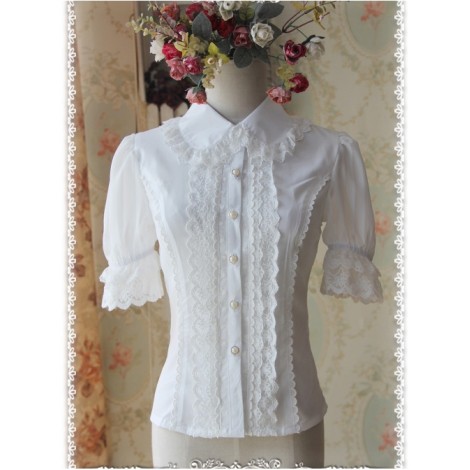 White Elegance Lace Glass Stripes Short Sleeve Lolita Shirt