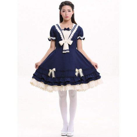 Navy Blue Bowknot Sweet Lolita Short Sleeve Dress