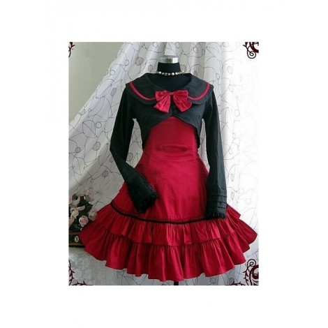 Red Long Sleeves Bow Preppy Style Cotton Sweet Lolita Dress With Cape