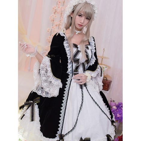 Flower Bowknots Black And White Stitching Sweet Lolita Trumpet Sleeve Dress