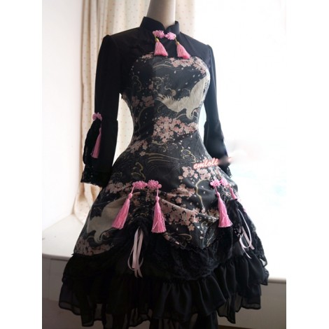 Cotton Chinese Style Printing Standing Collar Tassel Bowknot Qi Lolita Seventh Sleeves Dress