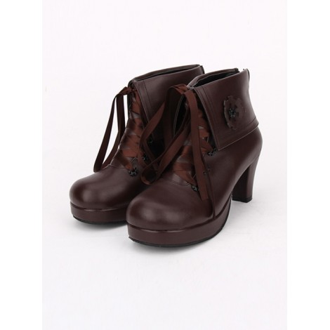 Brown Gear Decoration Lace-up Lolita High Heel Short Boots