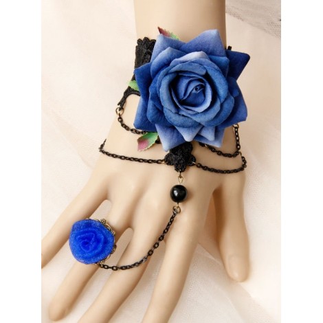 Elegant Blue Floral Girls Lolita Bracelet And Ring Set