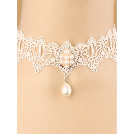 White Classic Lace Pearl Pendant Lolita Necklace