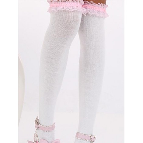 White Fashion Lovely Pink Lace Sweet Lolita Knee Stockings