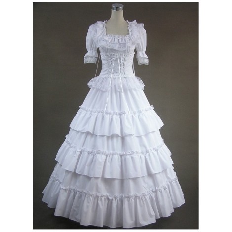 White Short Sleeves Floral Double-Layer Lace Trim Cotton Lolita Prom Dress
