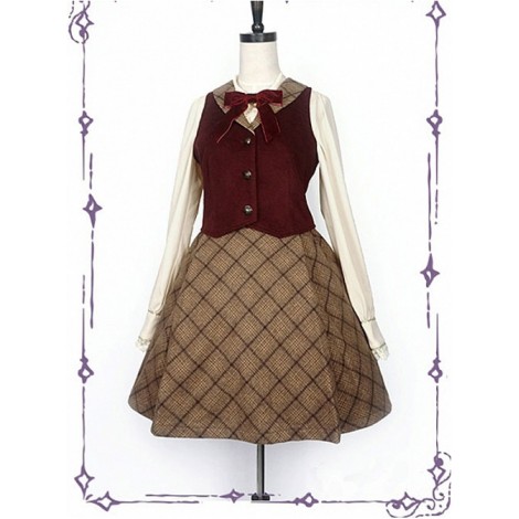 College School Uniform Style Red Waistcoat And Brown Plaid Skirt School Lolita Set